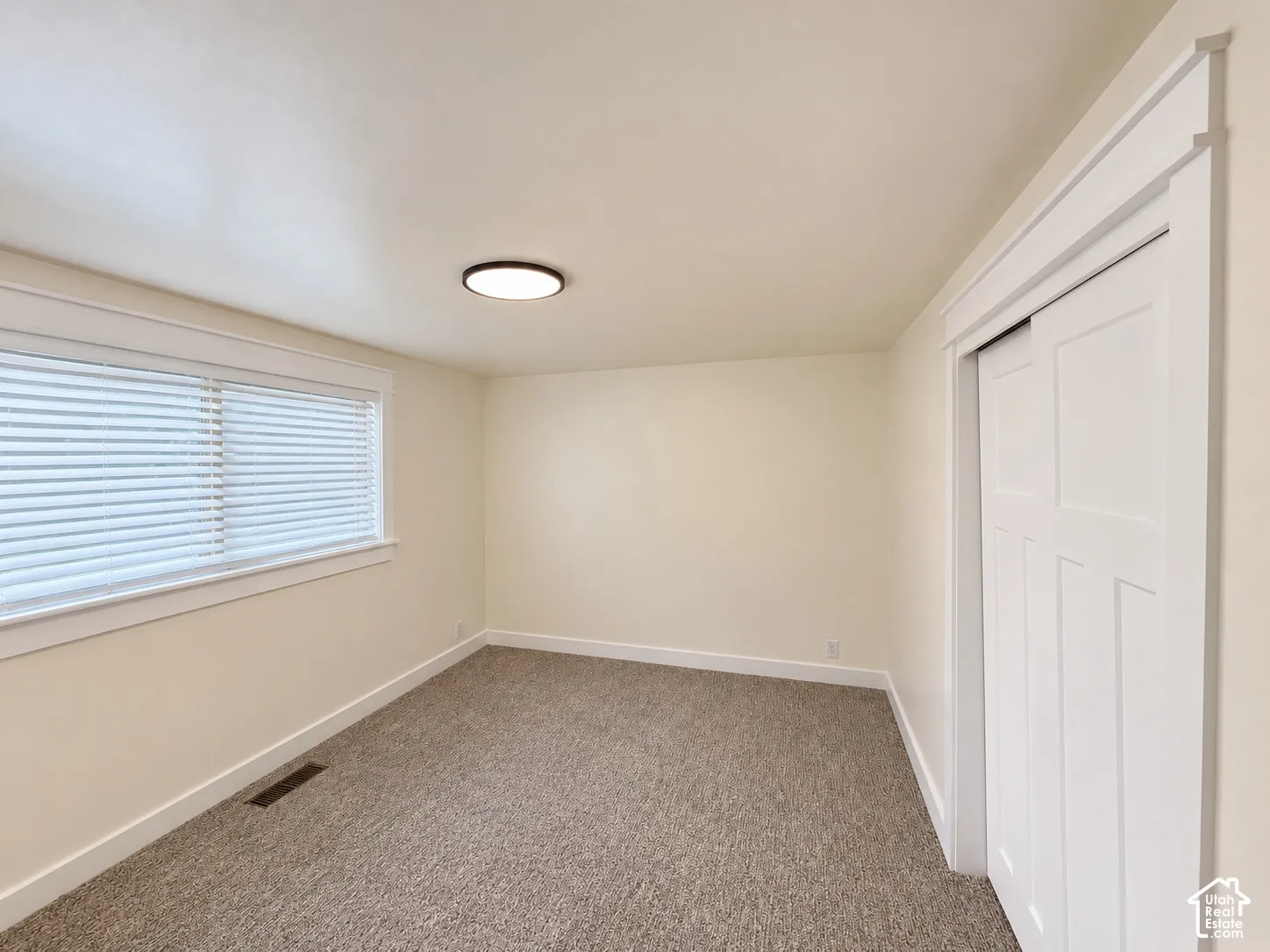 Neutral-toned carpeting, white trim, and a flush-mount ceiling light