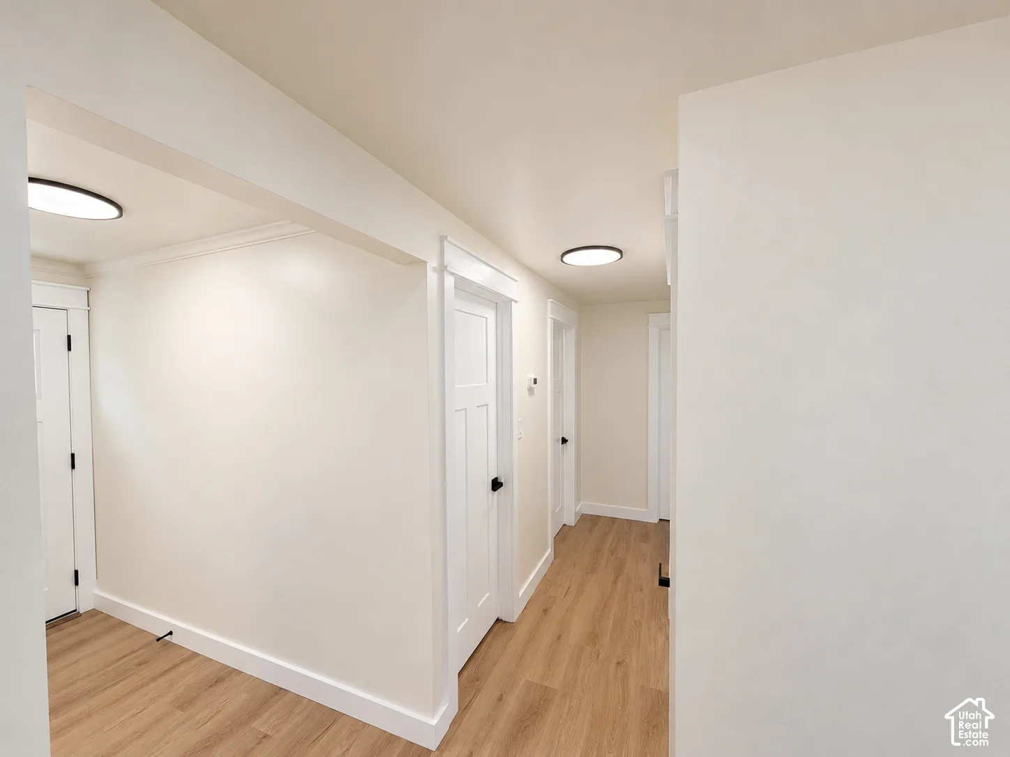 Light wood-finish flooring with white trim
