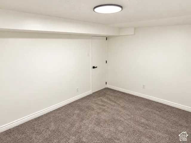 Wall-to-wall carpeting, flush-mount ceiling light, white walls, and white trim
