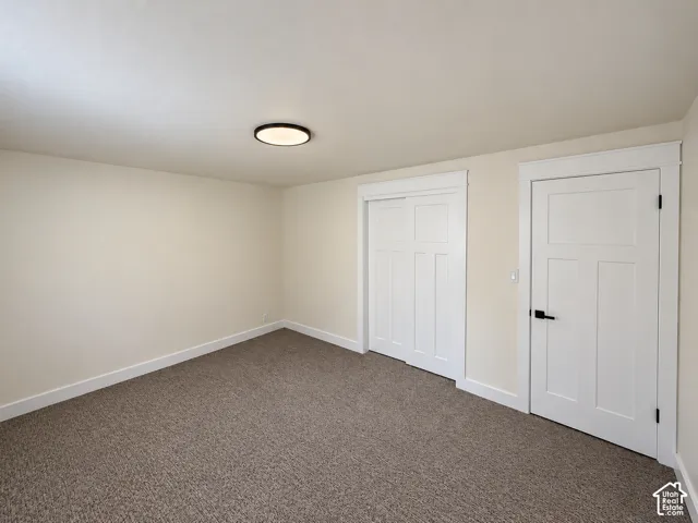 Wall-to-wall carpeting, contemporary flush-mount lighting, three-panel interior doors, and sliding closet doors