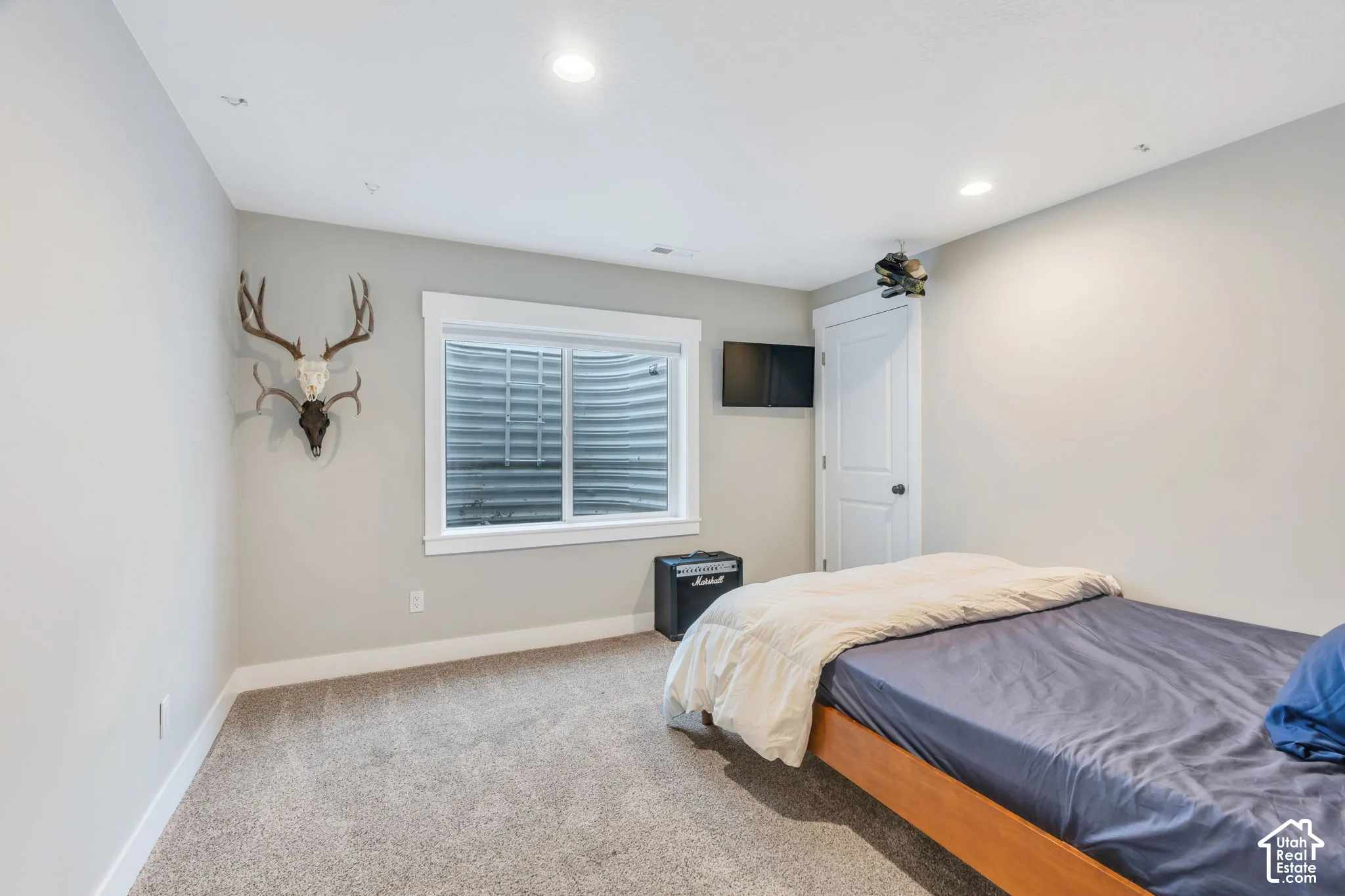 Recessed lighting, light-toned carpeting, white trim, and a window with a well-style exterior