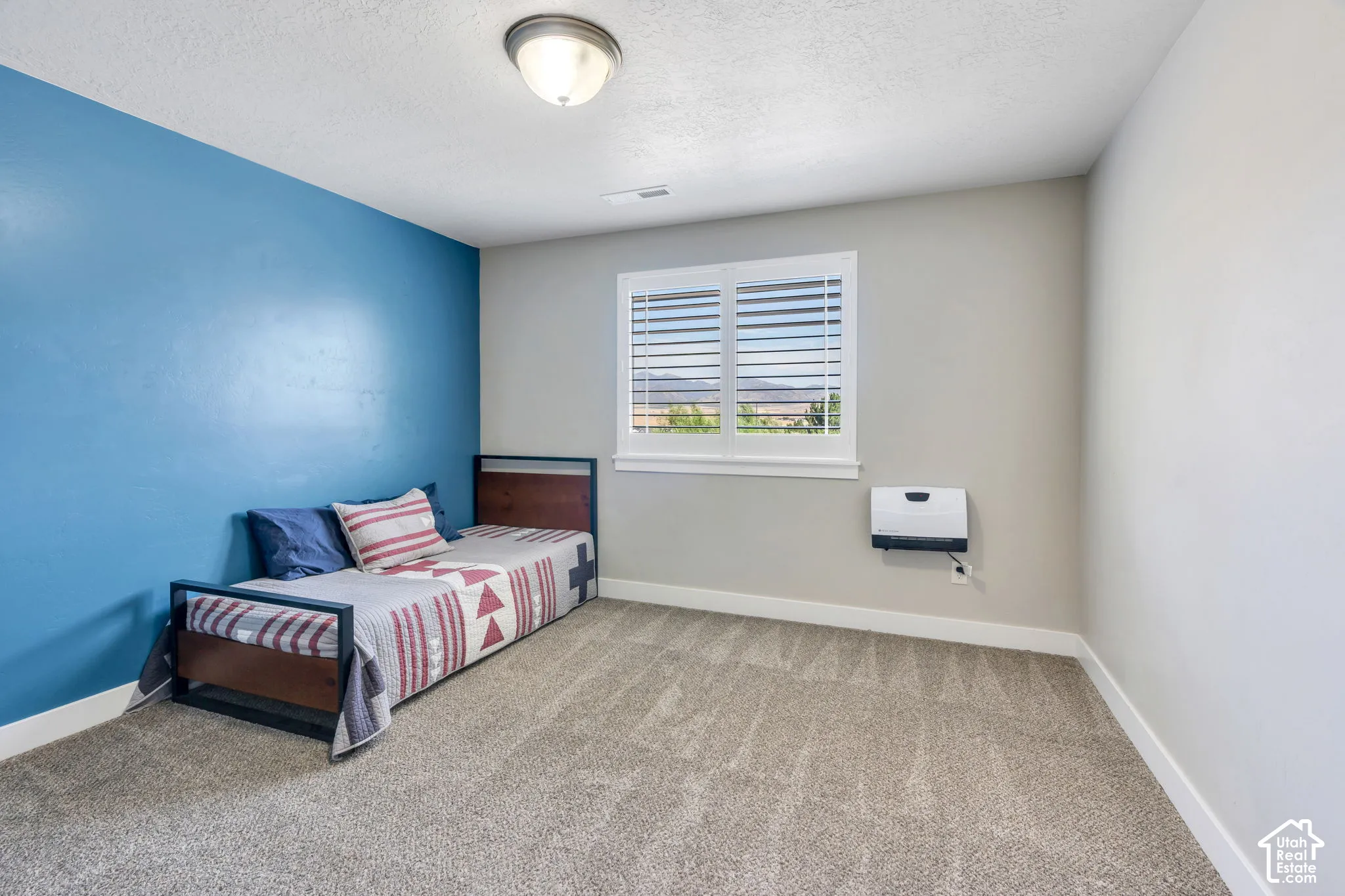 Carpeted room featuring a window with horizontal blinds, a wall-mounted fixture, and a flush mount ceiling light