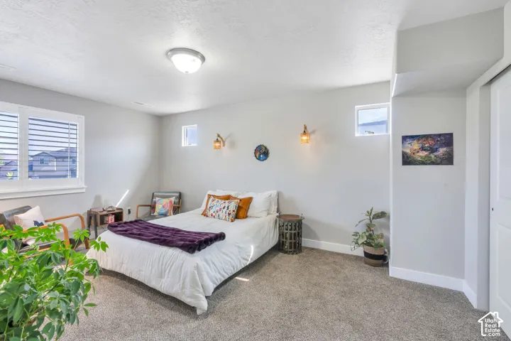 Carpeted flooring, recessed lighting, and multiple windows with white blinds