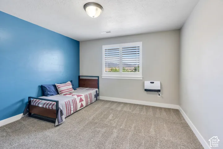 Carpeted room featuring a window with horizontal blinds, a wall-mounted fixture, and a flush mount ceiling light