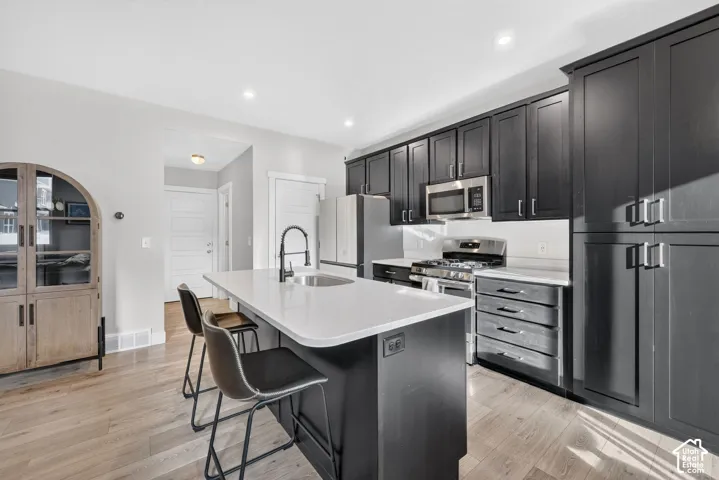 Kitchen featuring dark cabinetry, stainless steel appliances, a center island with sink, light-toned wood-finish flooring, and light countertops