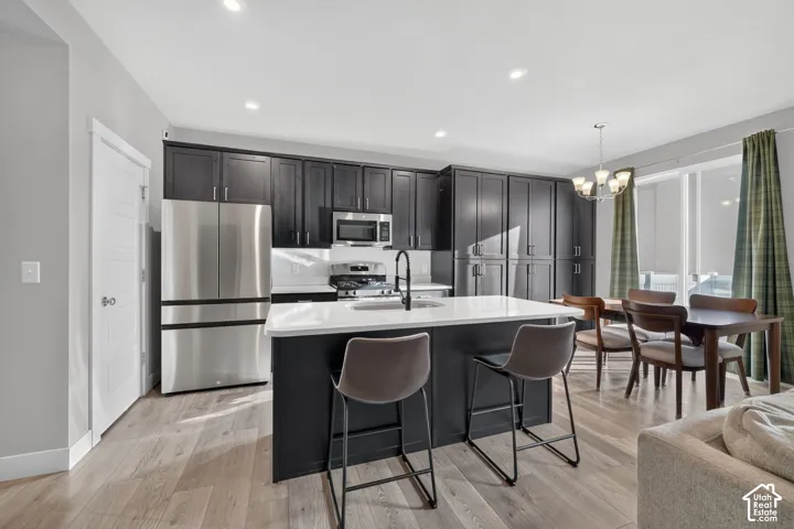 Modern kitchen featuring dark cabinetry, stainless steel appliances, a center island with countertop seating, and wood-finish flooring