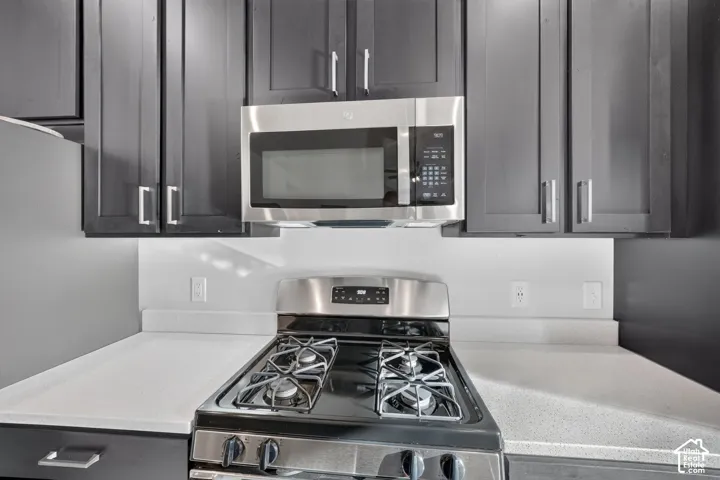 Stainless steel gas range, built-in stainless steel microwave, light-toned countertop, and dark cabinetry