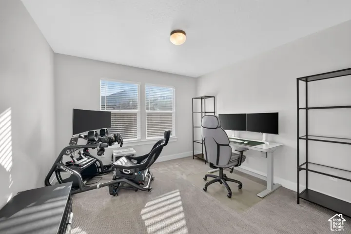 Carpeted room with a flush-mount ceiling light fixture, featuring two windows with horizontal blinds