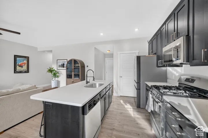 Kitchen featuring dark cabinetry, stainless steel appliances, a center island with sink, and wood-finish flooring