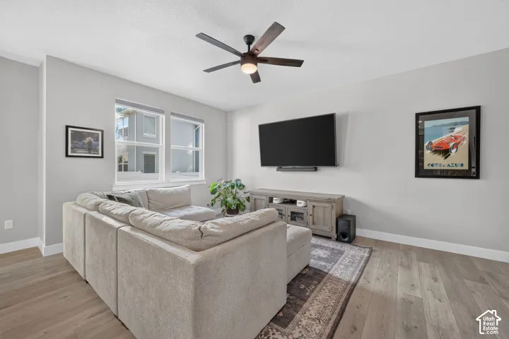 Light wood-finish flooring, white trim, and multiple windows