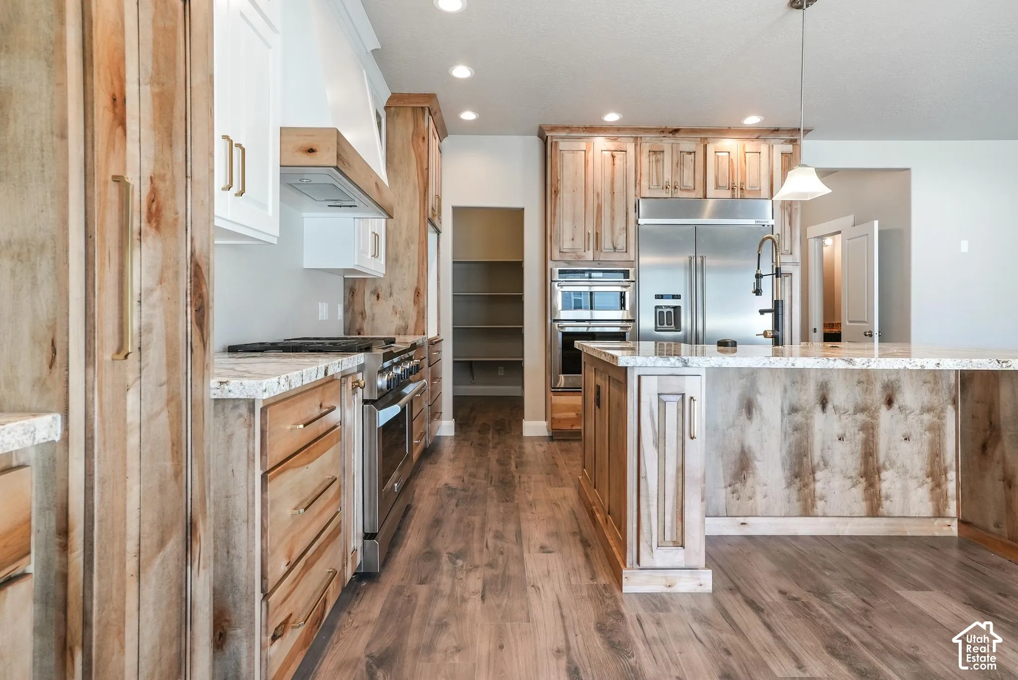 Gourmet kitchen with two-tone cabinetry, stone countertops, stainless steel appliances, and wood-finish flooring