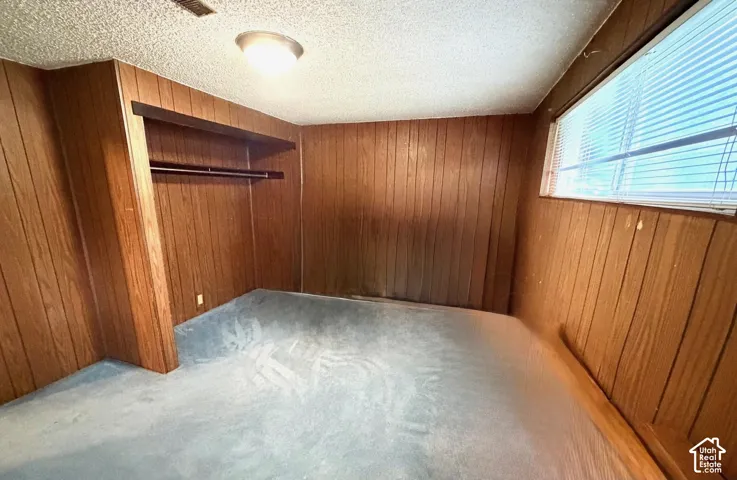 Room featuring wood-finish paneling, grey carpeting, a horizontal window with blinds, and built-in closet shelving with a hanging rod