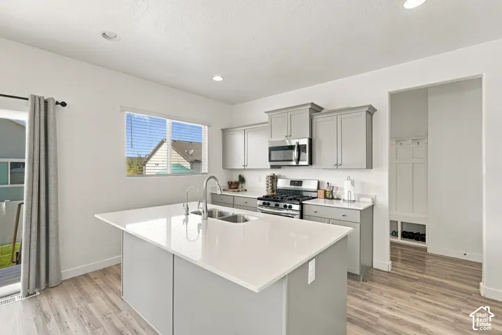 Kitchen featuring a central island with dual sinks, stainless steel appliances, light gray cabinetry, and a sliding glass door