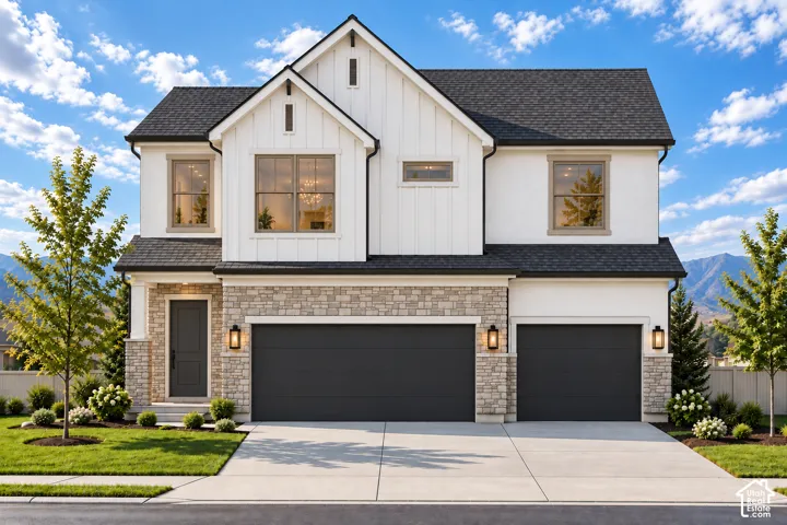 Contemporary exterior with white stucco and vertical siding accents