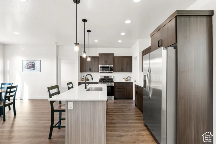 Kitchen featuring wood-finish flooring, dark wood cabinetry, a center island with a sink, stainless steel appliances, and pendant lighting