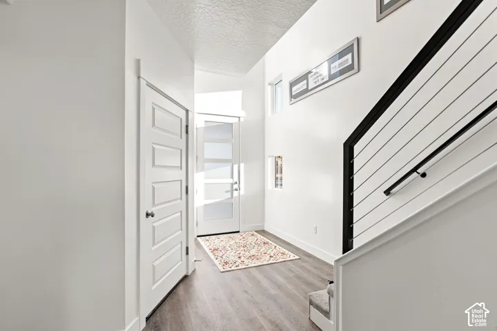 Entryway featuring wood-finish flooring, a modern panel door, and a glass-paneled entry door