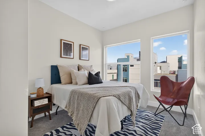 Light-toned wall finishes, carpet flooring, a dark wood-finish nightstand, and two large windows with white trim