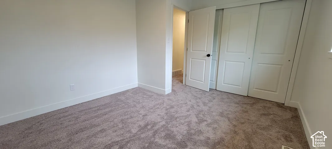 Neutral-toned carpeting, white walls, and white trim