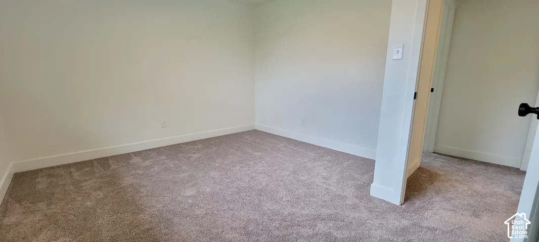 Neutral-toned carpeting, white painted walls, and white trim accents