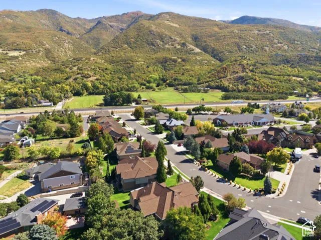 Residential neighborhood with mature landscaping and mountain scenery