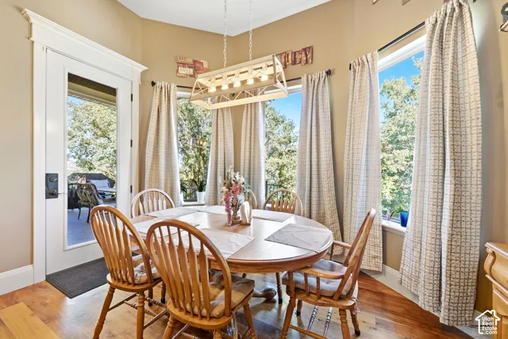 Hardwood-finish flooring, multiple pane windows, a white glass-paneled door, and a decorative light fixture