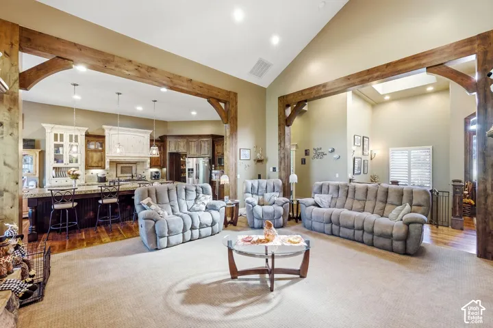 Vaulted ceiling with exposed wood beams