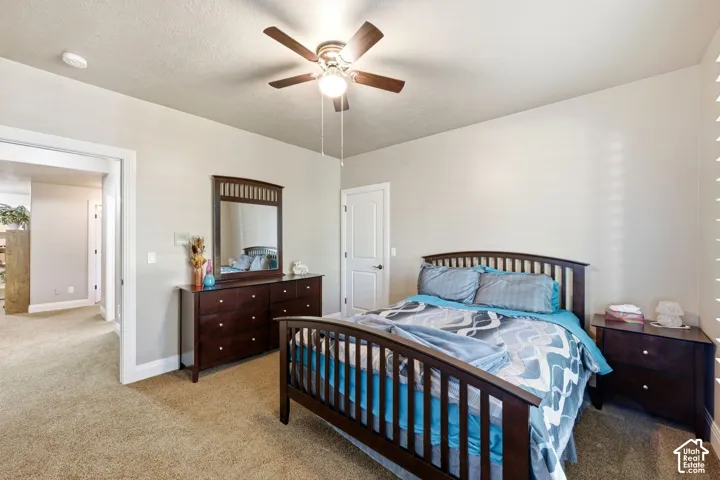 Neutral wall color, carpet flooring, ceiling fan with integrated lighting, white interior doors, and a window with horizontal blinds