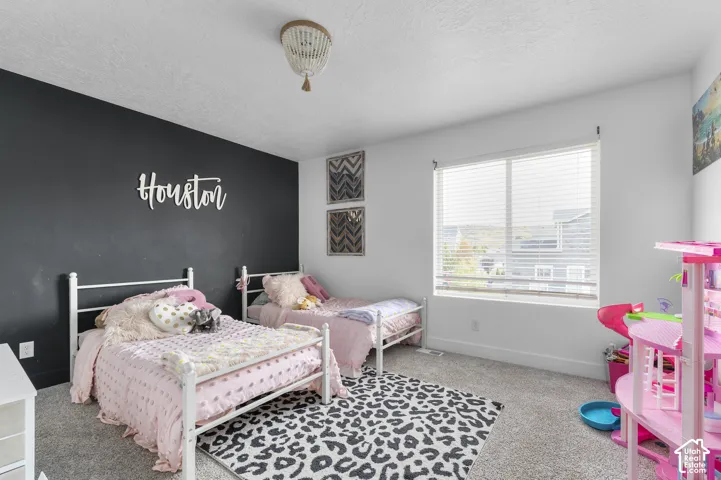 Window with blinds, textured ceiling, ceiling-mounted light fixture, and carpeted flooring