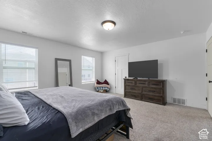 Carpeted flooring, white walls, and multiple windows with blinds