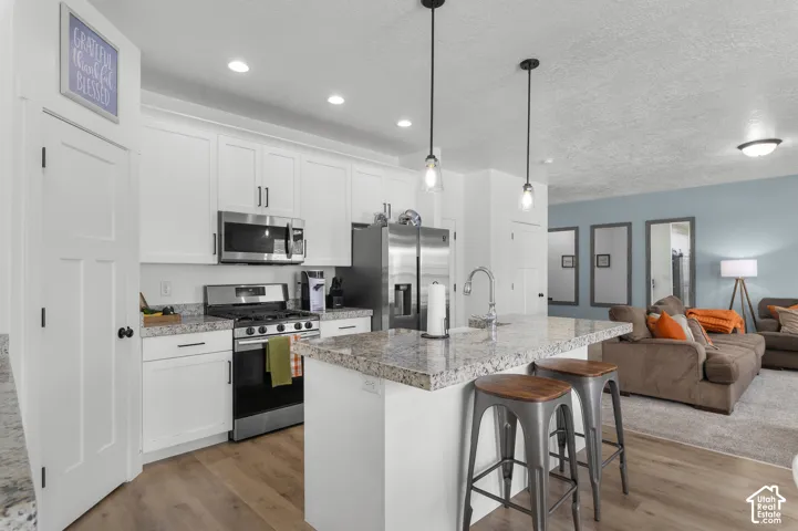 Modern kitchen with white cabinetry and stainless steel appliances