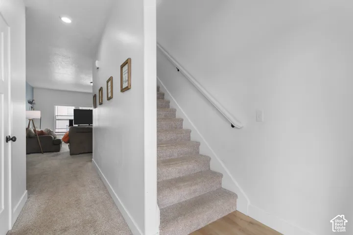 Carpeted staircase with wall-mounted handrail