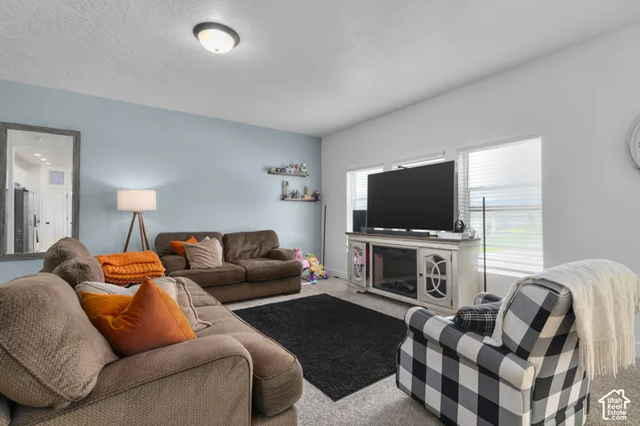 Spacious living area featuring light-colored carpet, a ceiling-mounted light fixture, and two large windows with blinds