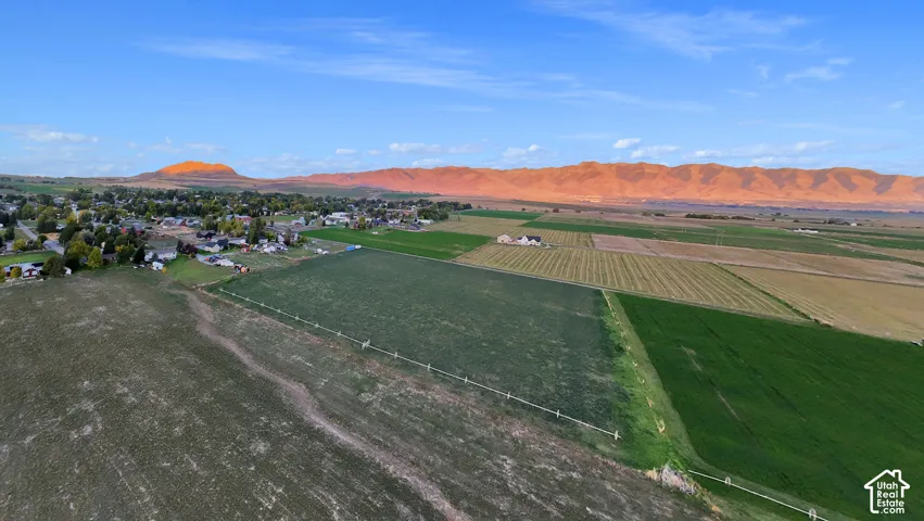 Expansive agricultural land with a distant mountain range backdrop