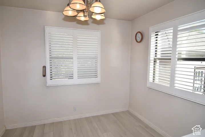 White wood-finish flooring, two windows with white plantation shutters, and a multi-bulb ceiling fixture