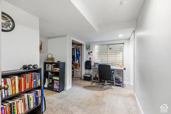 Versatile bonus room featuring neutral carpet flooring, abundant natural light from shuttered windows, built-in shelving and storage cabinetry, and ample square footage ideal for multiple uses