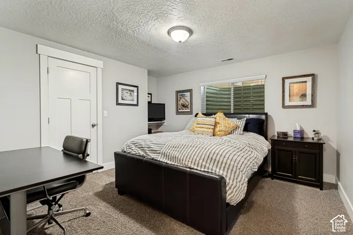 Carpeted flooring with light-toned walls, a built-in window, and a paneled door with substantial trim