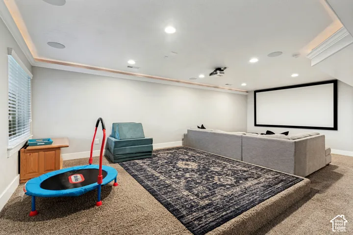 Integrated projector and large screen, tiered carpeted flooring, recessed lighting, and built-in ceiling speakers