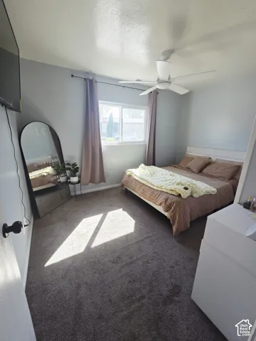 Window with curtain rods, light gray walls, dark carpet, and a ceiling fan