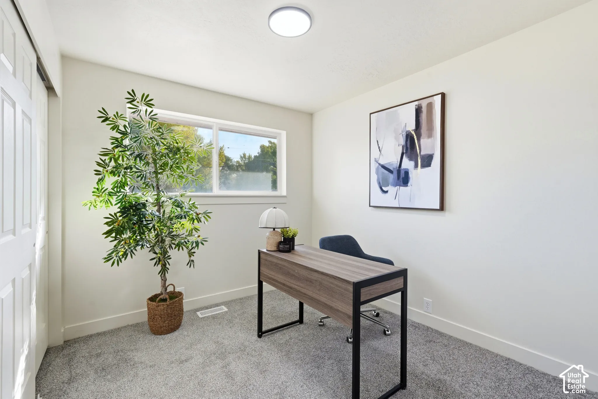 Light gray carpeting, white walls, and a built-in window