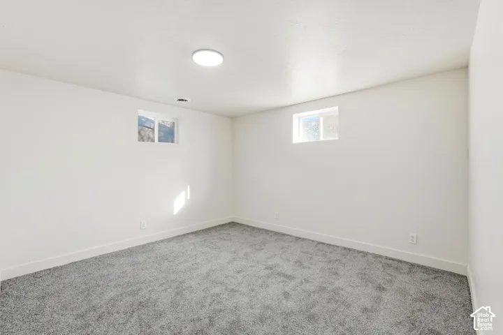 Plush gray carpeting, white walls, two windows, and a ceiling-mounted light fixture