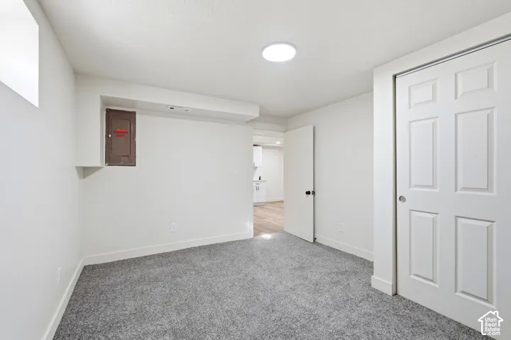 Neutral wall paint, recessed ceiling light, paneled interior doors, and carpet flooring