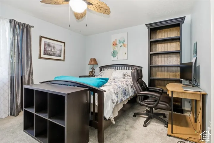 Carpeted flooring, a ceiling fan, and a built-in shelving unit