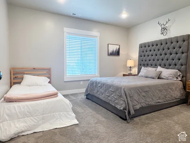 Plush grey carpeting and neutral wall tones