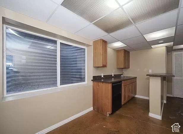 Built-in cabinetry with a sink, drop ceiling with recessed lighting, and a window