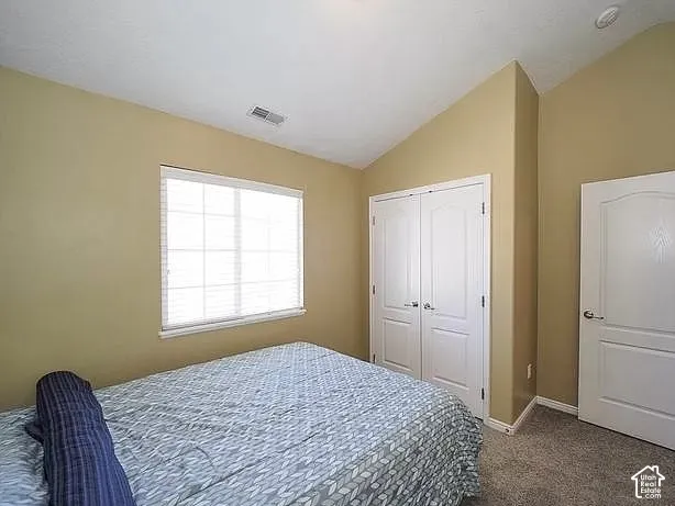 Vaulted ceiling, window with horizontal blinds, built-in closet with bi-fold doors, interior door with arched paneling, and carpeted flooring
