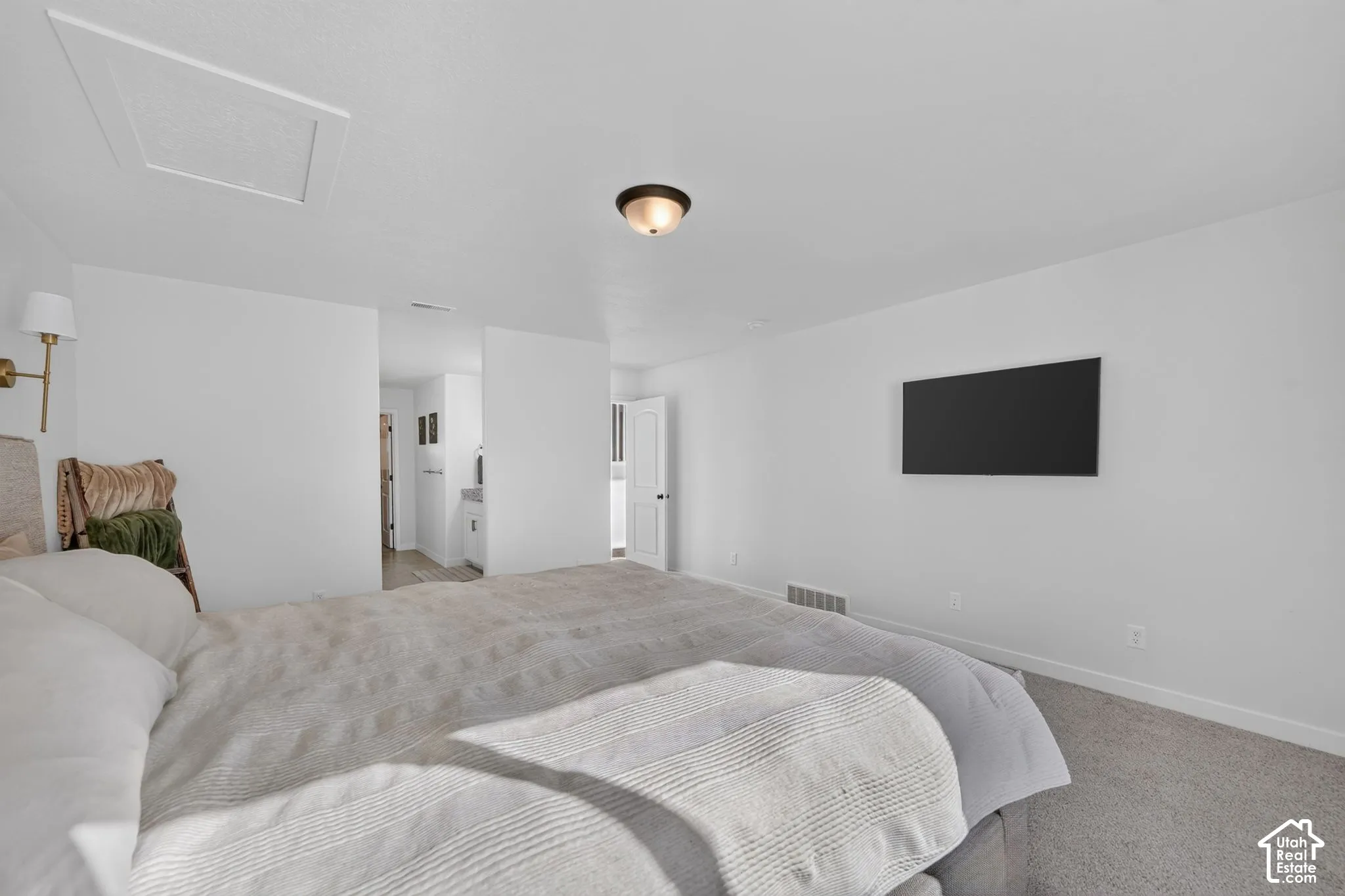 White painted walls, gray carpet flooring, and a flush mount ceiling light fixture