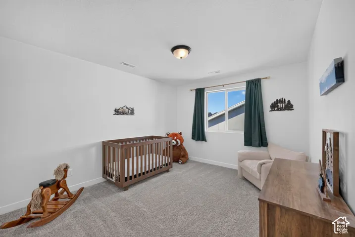 Carpeted room with a ceiling-mounted light fixture and a window