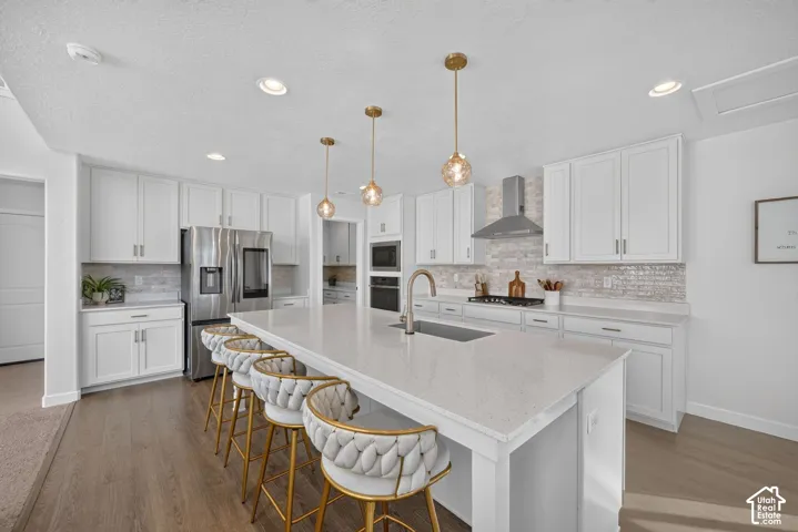 Spacious kitchen featuring white cabinetry, a large center island with a sink, stainless steel appliances, and wood-finish flooring