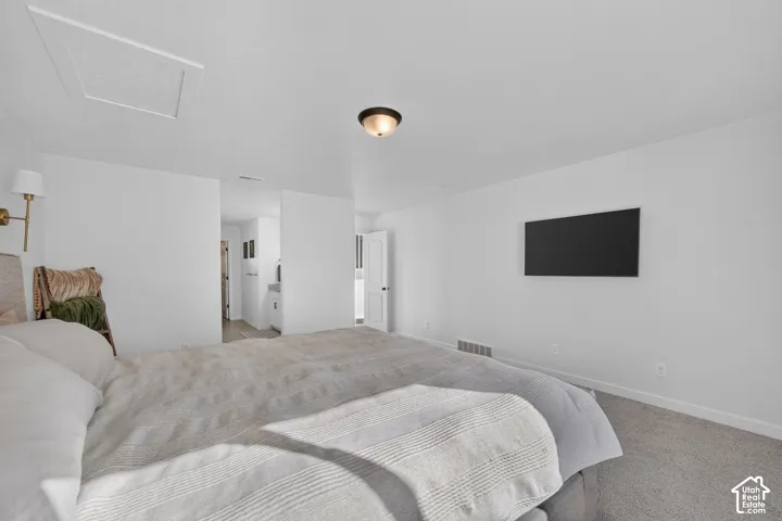 White painted walls, gray carpet flooring, and a flush mount ceiling light fixture
