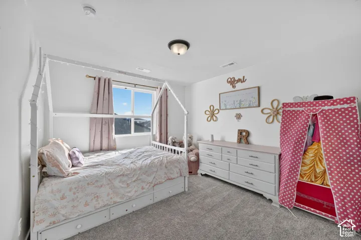 White walls, carpeted flooring, and a flush mount ceiling light